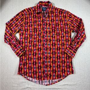 Wrangler Men Medium Red Southwest Print Snap Button Long Sleeve Western Shirt